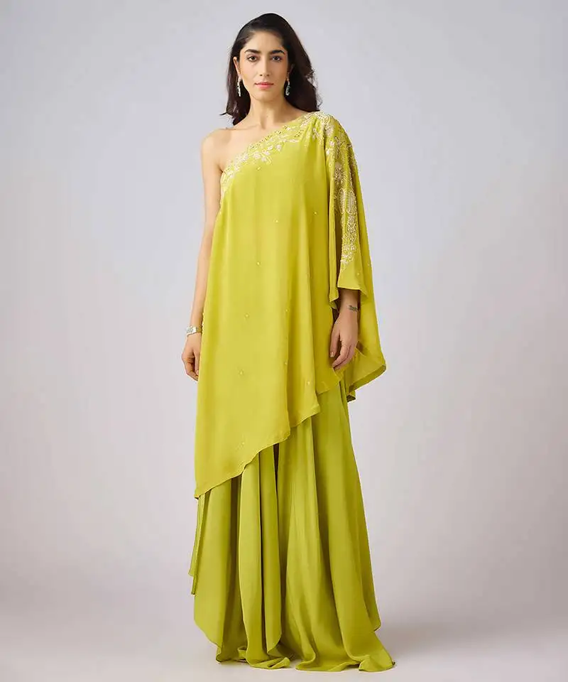 Lime green embroidered georgette sharara