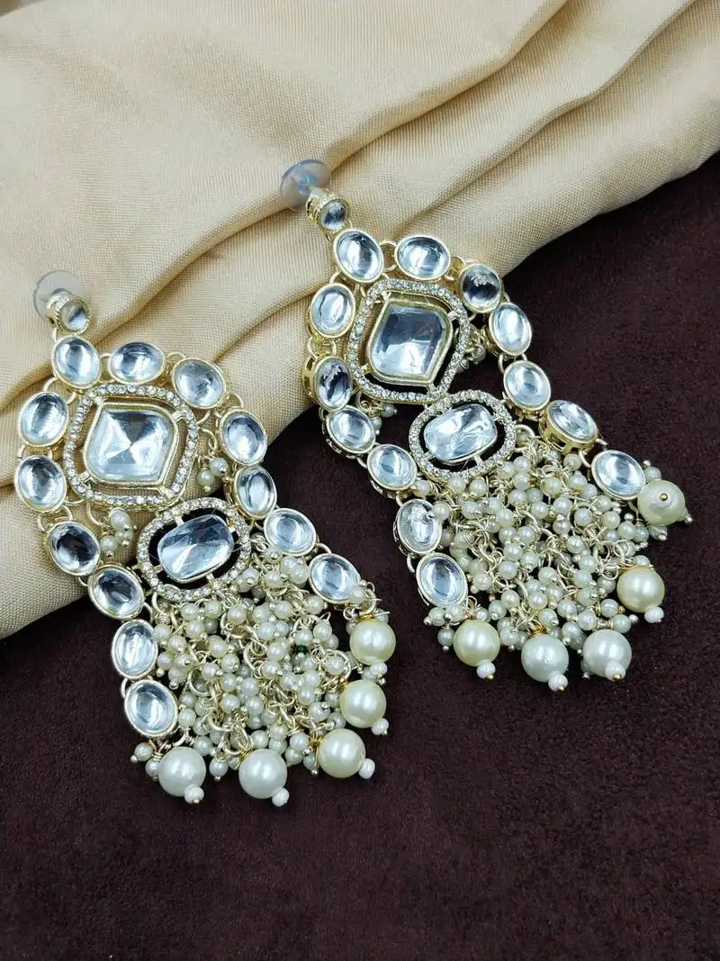 Aarnaa kundan pearl & white beads chandbali earrings wear jewellery for women