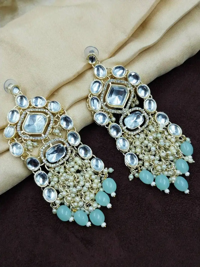 Aarnaa kundan pearl & mint beads chandbali earrings jewellery for women