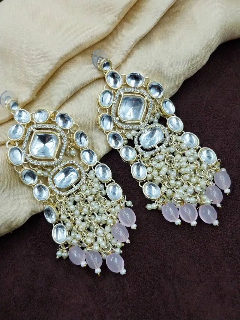 Aarnaa kundan pearl & pink beads chandbali earrings jewellery for women