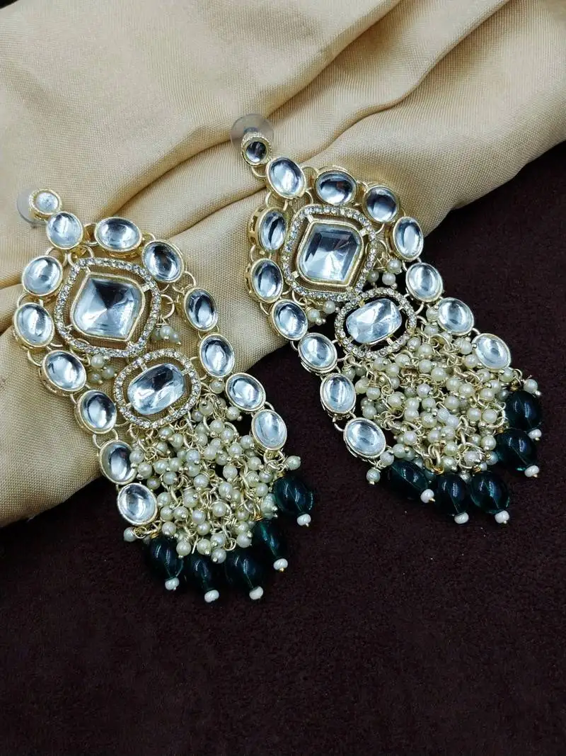 Aarnaa kundan pearl & green beads chandbali earrings wear jewellery for women