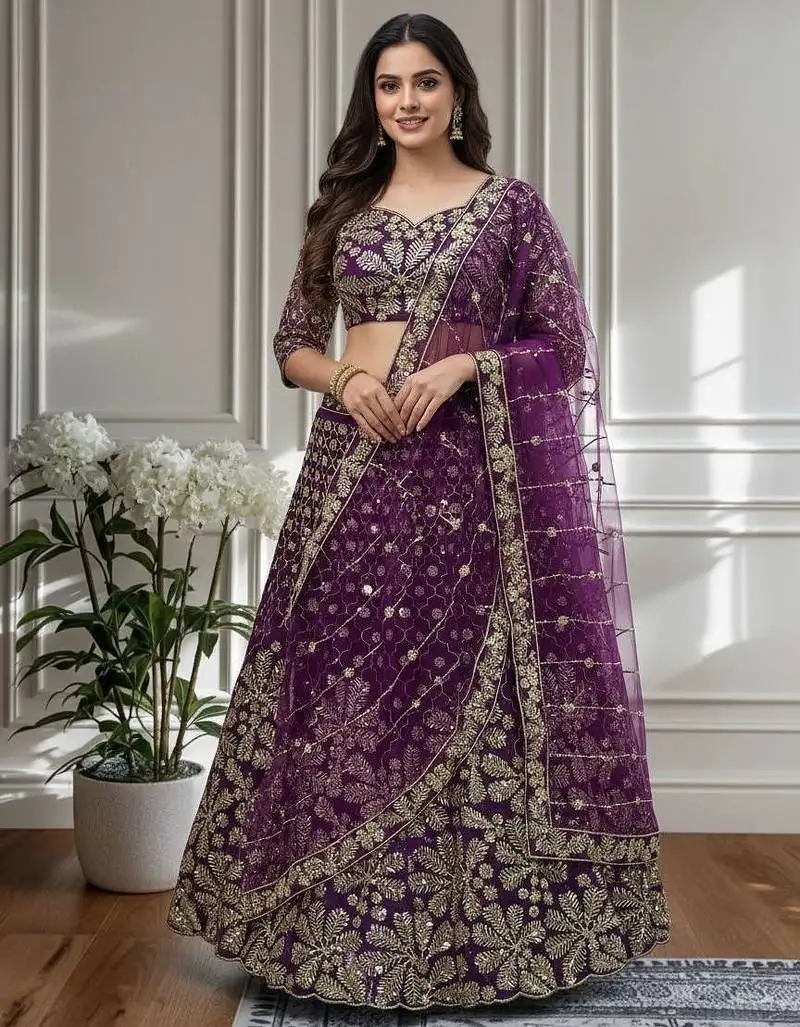 Purple designer sequin embroidered net lehenga choli with dupatta party wear :: wedding wear