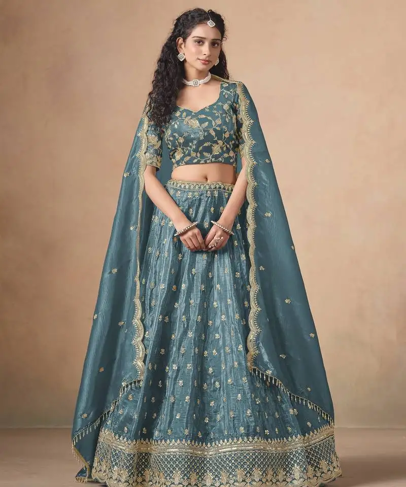 Teal designer sequin embroidered organza lehenga choli with dupatta   party wear :: wedding wear