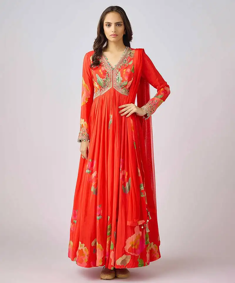 Red printed georgette anarkali