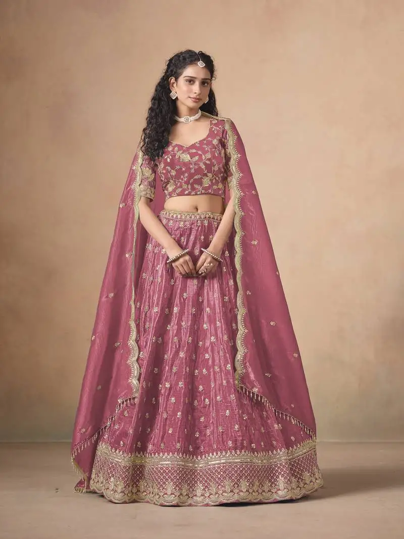 Pink designer sequin embroidered organza lehenga choli with dupatta party wear :: wedding wear
