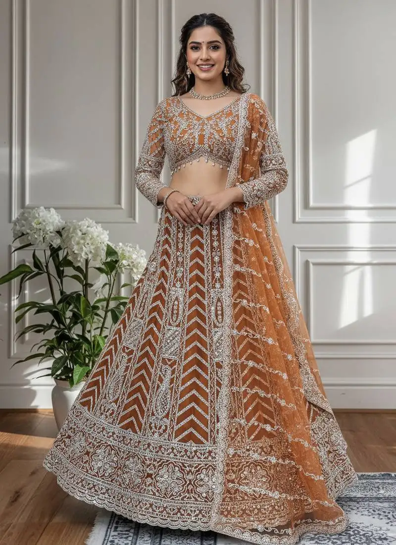 Rust designer sequin embroidered net lehenga choli with dupatta party wear :: wedding wear