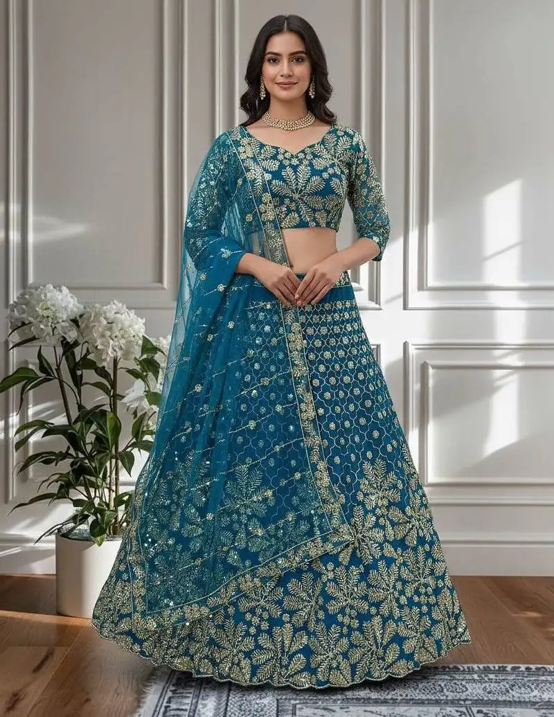 Teal designer sequin embroidered net lehenga choli with dupatta   party wear :: wedding wear