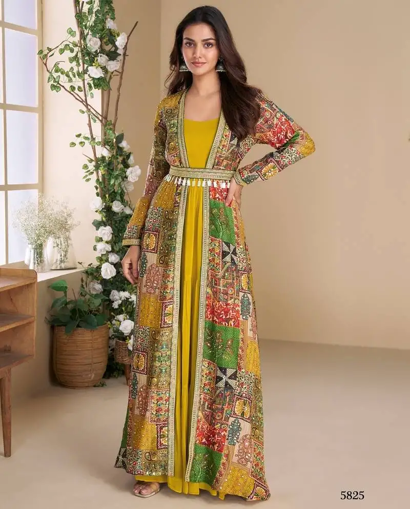 Yellow heavy fox georgette free size anarkali shrug suit with silk print stitched