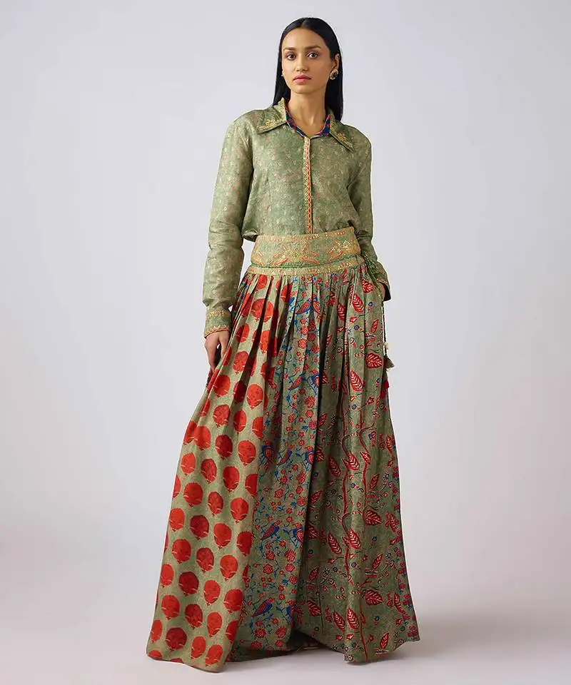 Green printed silk sharara