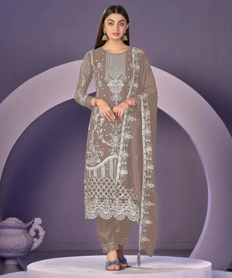 Beige heavy georgette embroidered semi stitched suit with khatli work