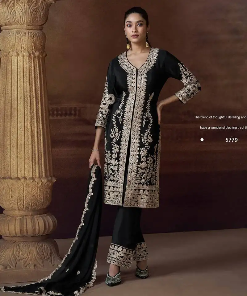 Black heavy chinon free size stitched salwar suit with sequence embroidery work