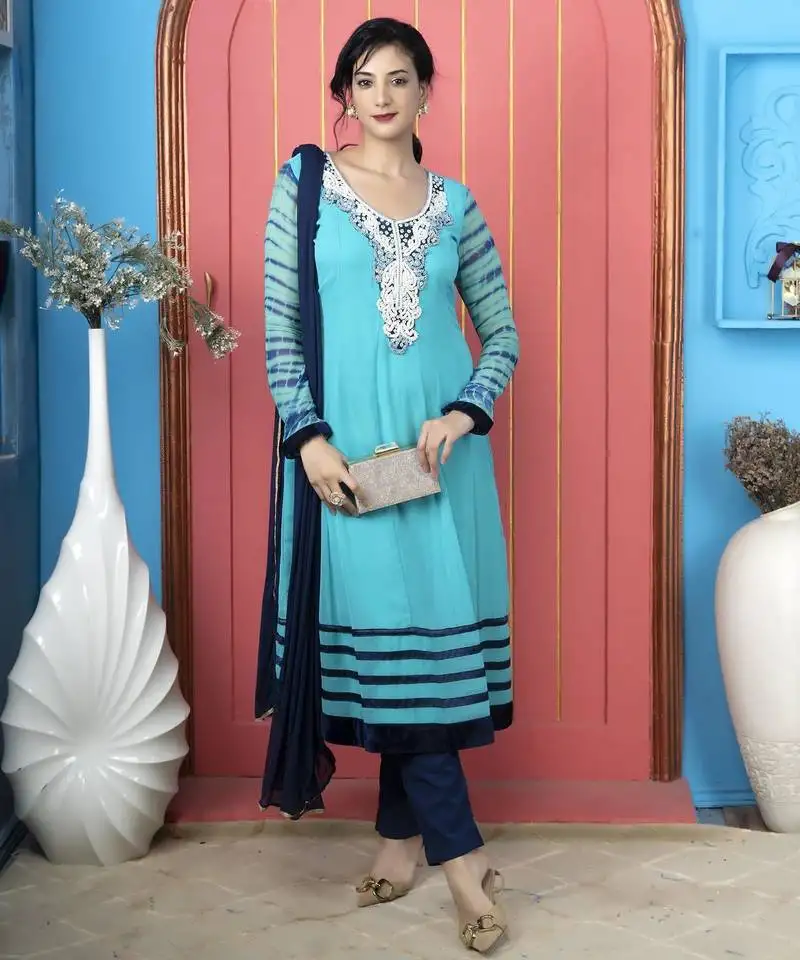 Light-blue embroidered georgette stitched a line trouser kurta dupatta readymade suits