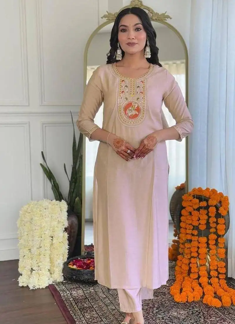 Beige kurta set with bandhani dupatta stitched