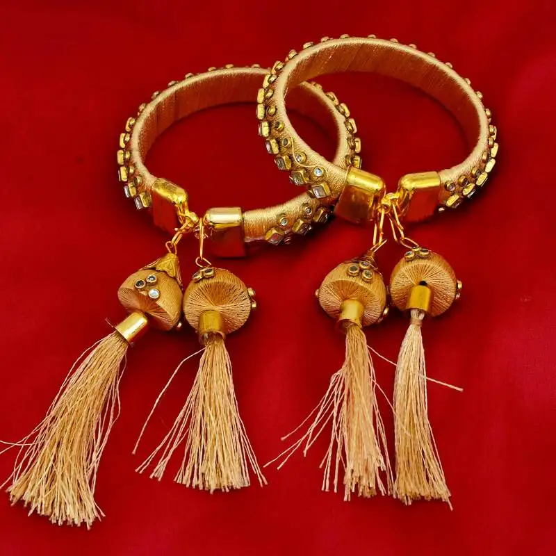 Gold plated brass satin silk wrapped kundan hanging jhumki design bangle set