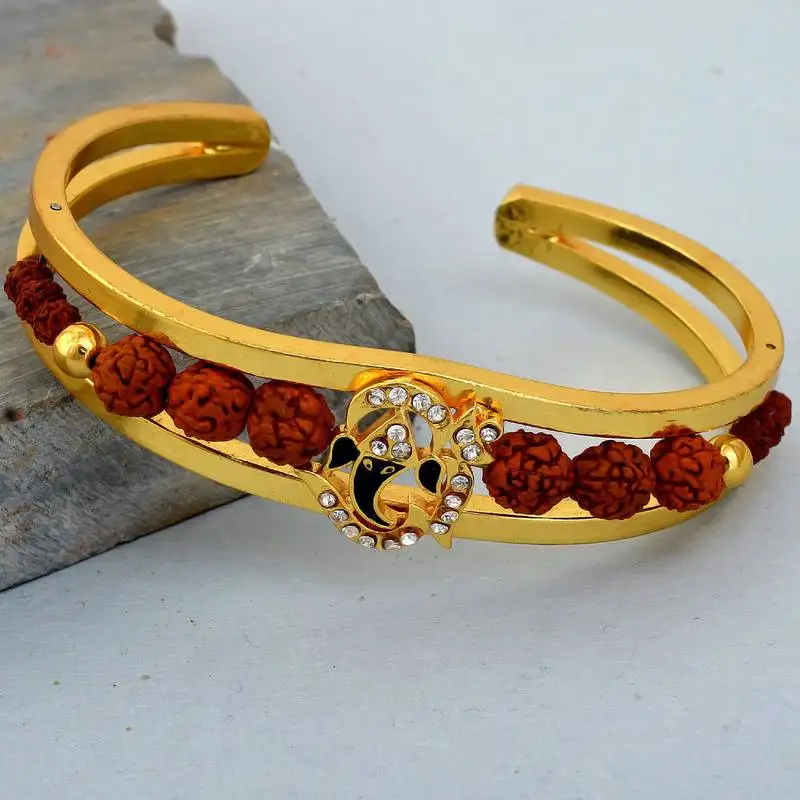 Gold plated om and black enamel ganesh original panchmukhi rudraksh bangle