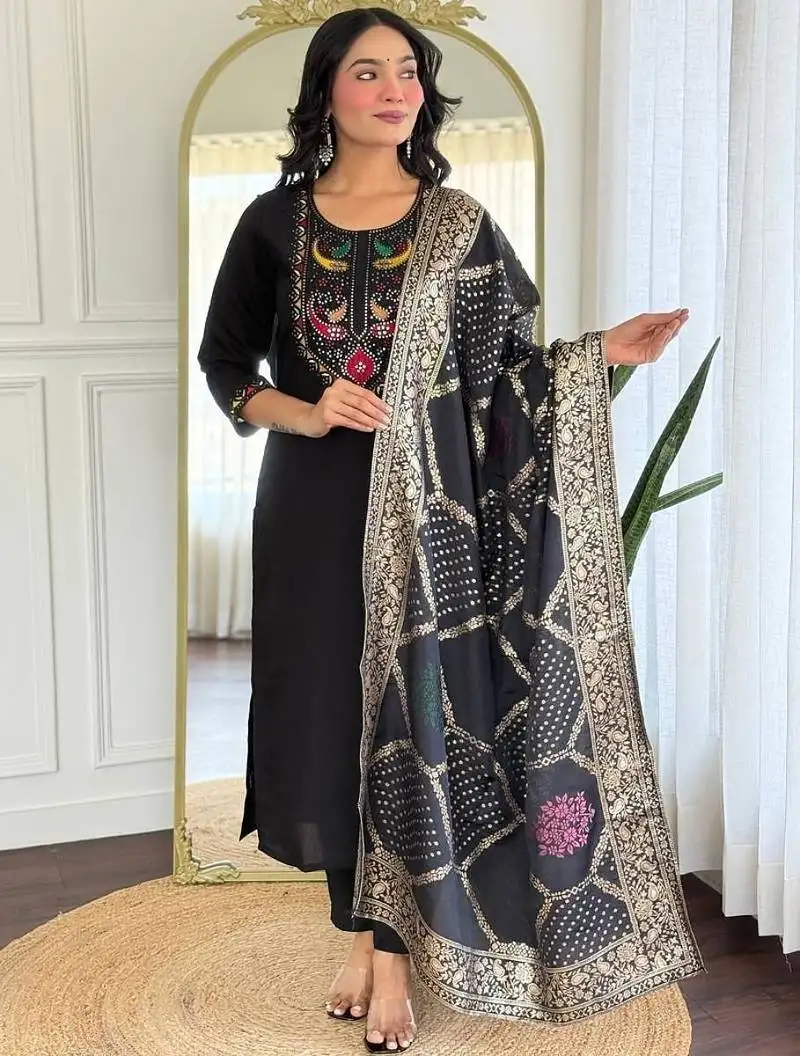 Black embroidered kurta set with dupatta stitched