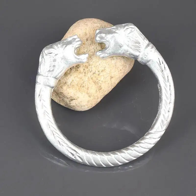 Silver plated stainless steel hand-carving roaring lion head design fashion kada men