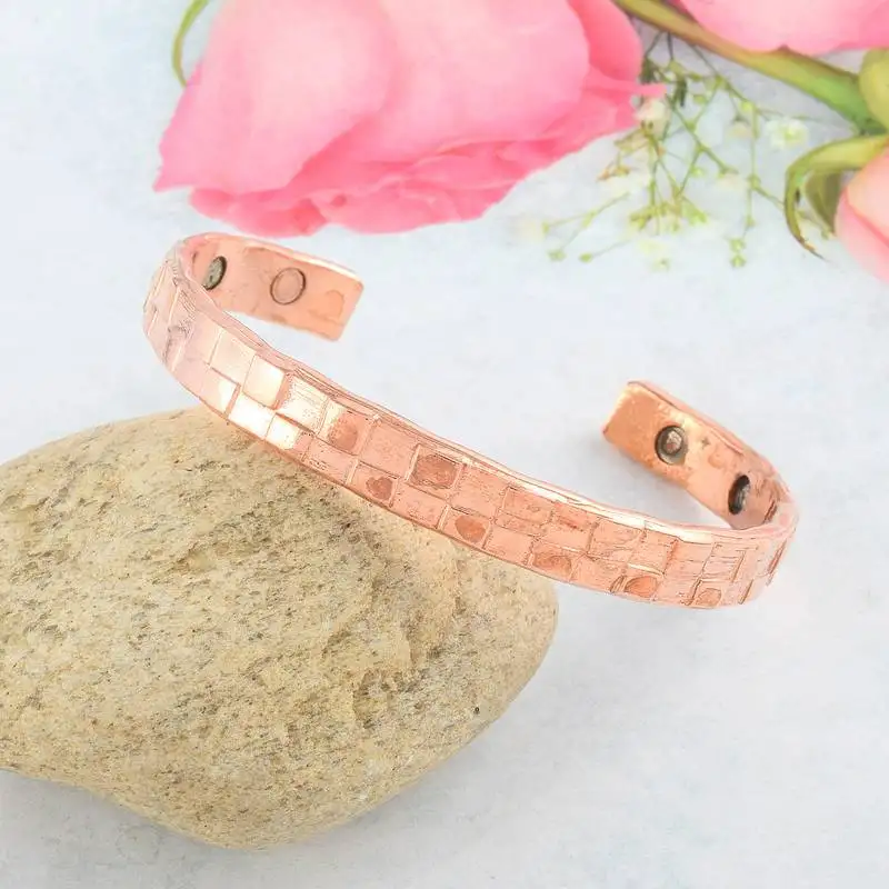 Pure copper magnetic ends brick texture free size adjustable health benificial cuff kada