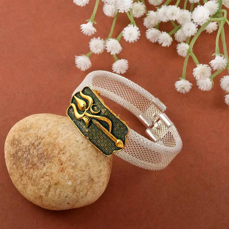 Brass anti tarnish silver plated trishul damru shiva adjustable kada cuff bracelet