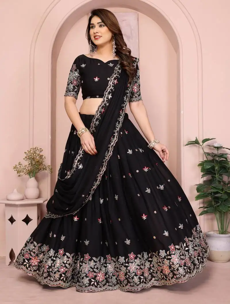 Glamourous black sequins embroidery work on star georgette indian tradional wedding lehenga choli dress
