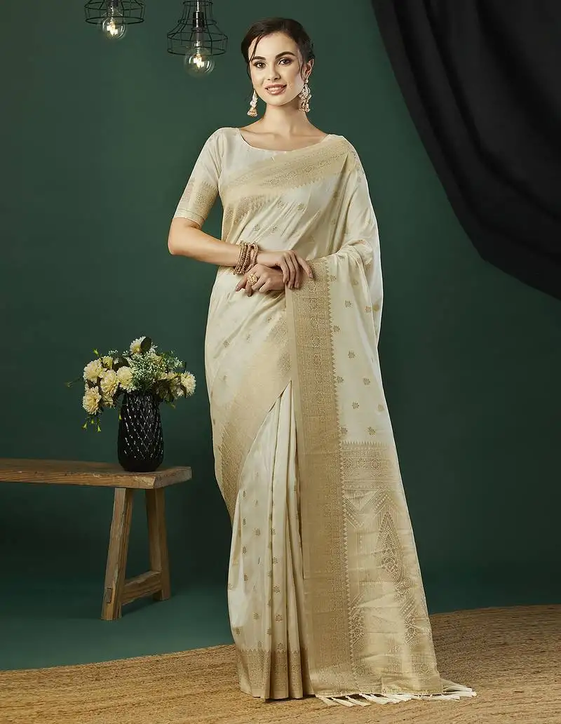 Cream nylon jacquard fancy saree with blouse