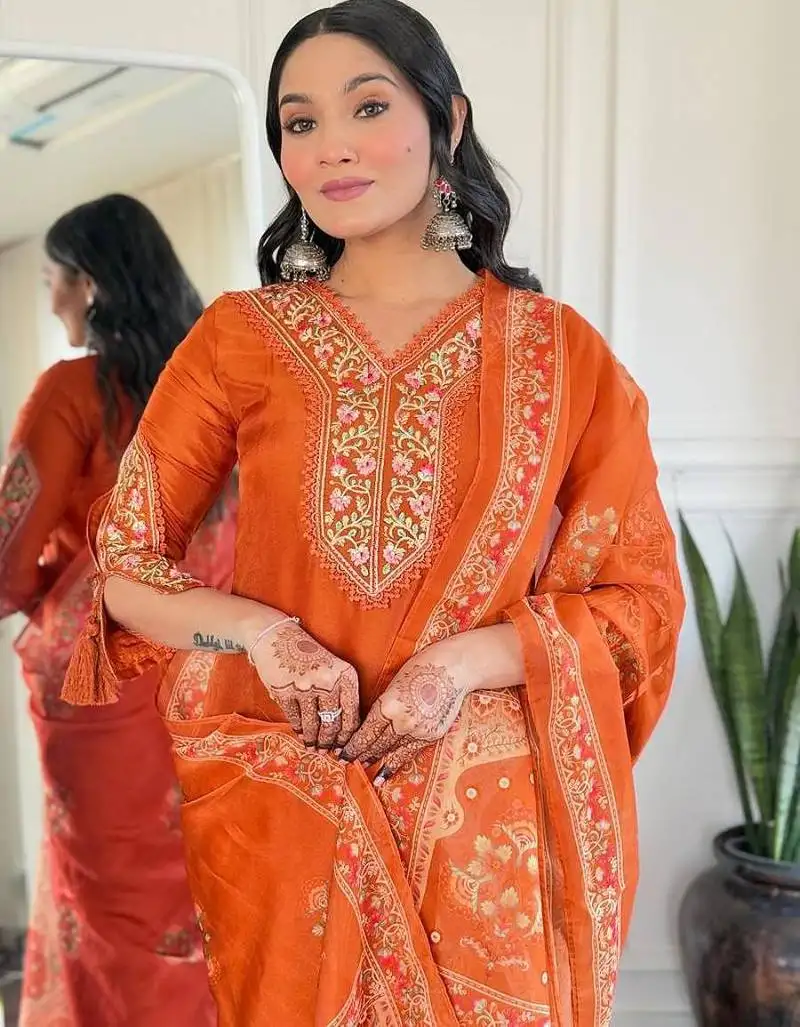 Rust orange embroidered kurta set stitched
