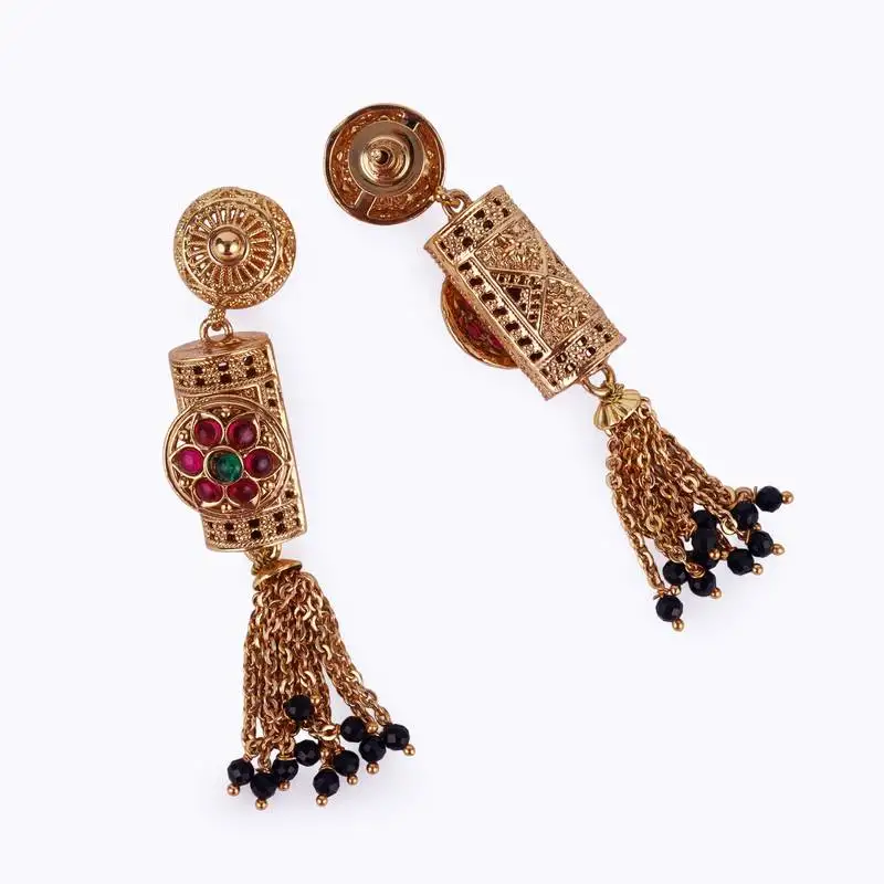 Traditional temple and flower design black bead gold plated long bead chain mangalsutra set for women