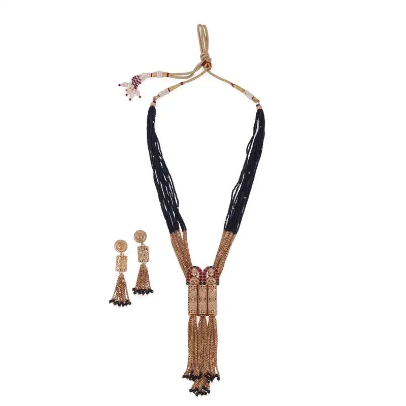 Traditional temple chain lariat black bead gold plated long bead chain mangalsutra set for women
