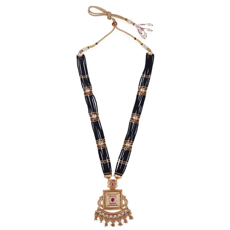 Traditional flower and square shape black bead gold plated long bead chain mangalsutra for women