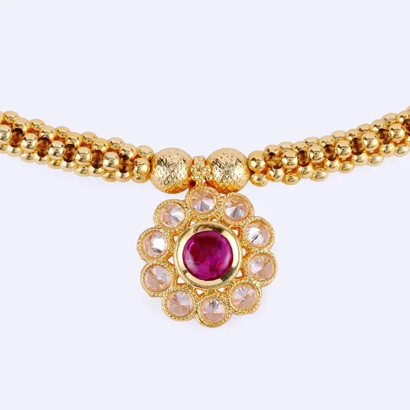 Traditional round shape golden balls pink stone gold plated choker necklace set for women