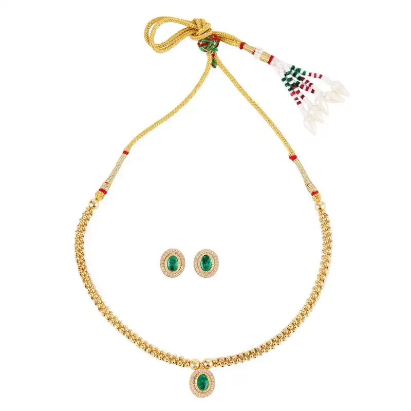 Traditional round shape golden balls green stone gold plated choker necklace set for women