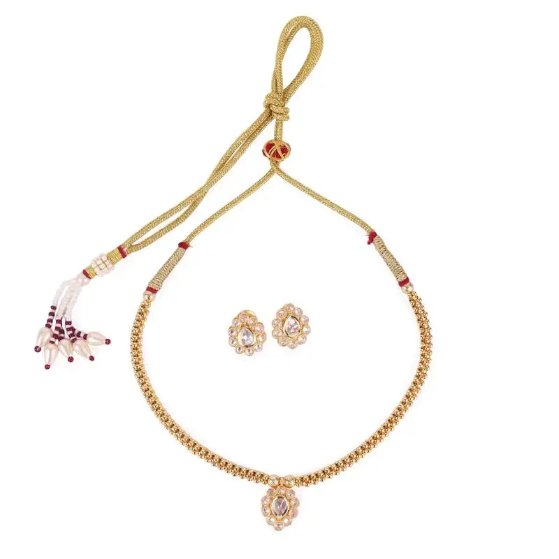 Traditional oval shape golden balls white stone gold plated necklace set for women