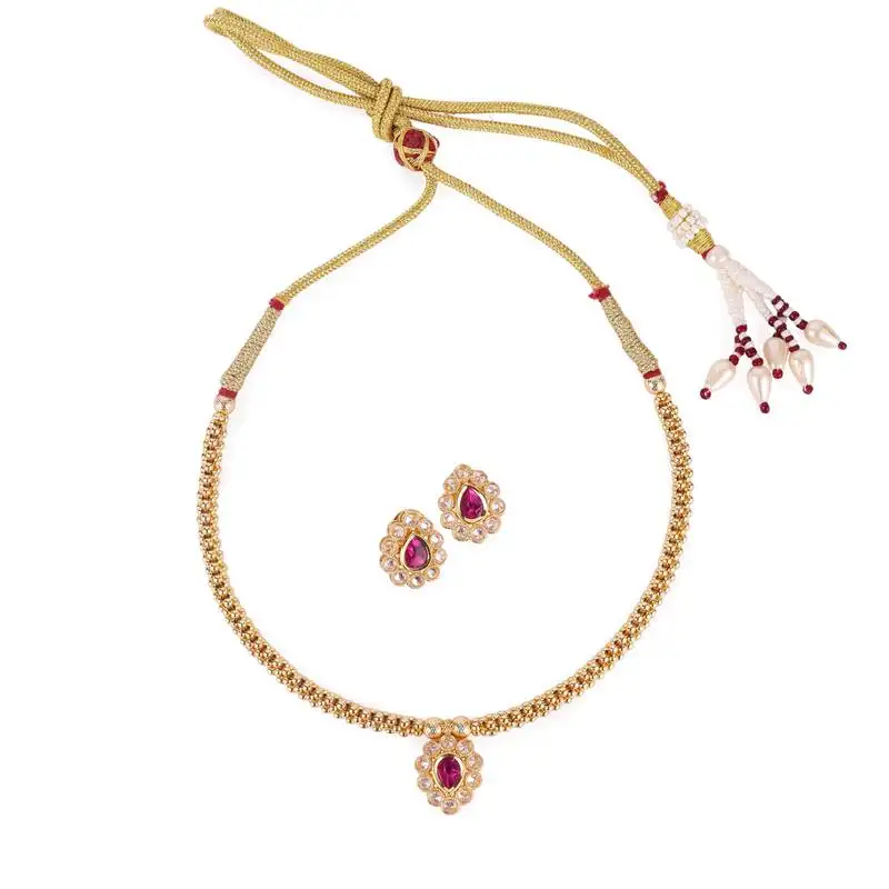 Traditional oval shape golden balls pink stone gold plated choker necklace set for women