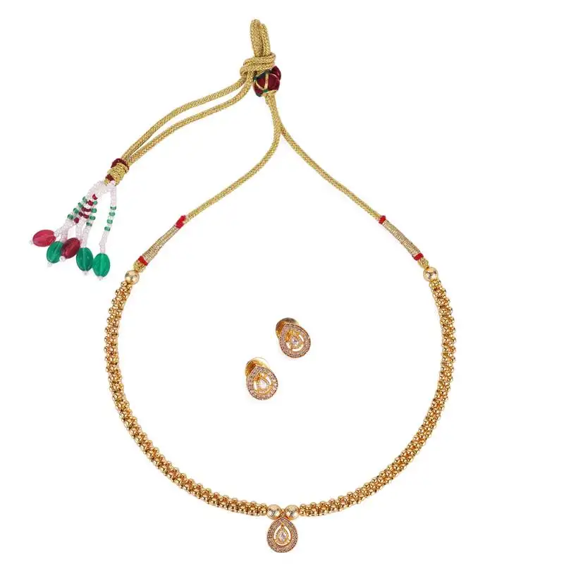 Traditional oval shape golden balls white stone gold plated choker necklace set for women