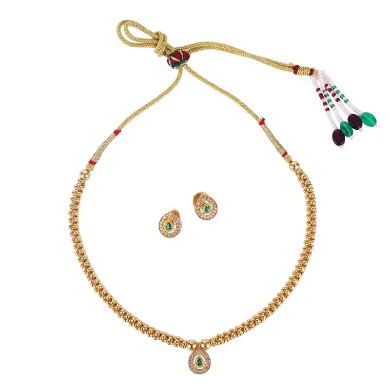 Traditional oval shape golden balls green stone gold plated choker necklace set for women