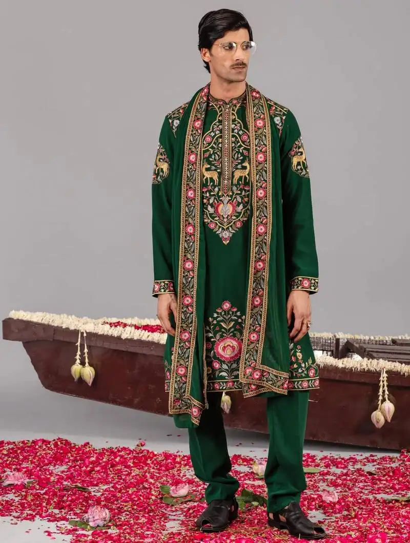 Bottle green georgette embroidered kurta set for mens