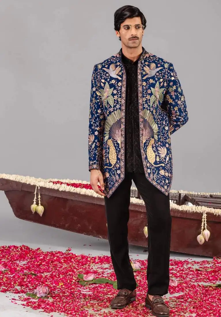 Navy blue georgette embroidered jodhpuri set for mens