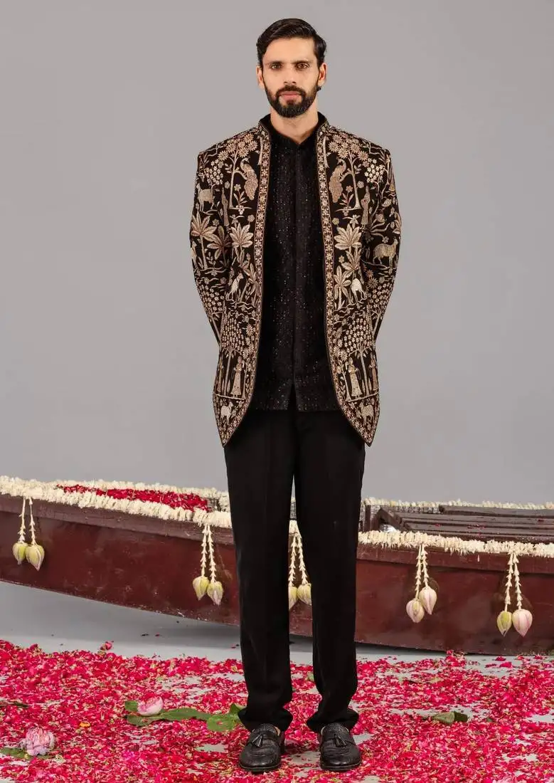 Black georgette embroidered jodhpuri set for mens