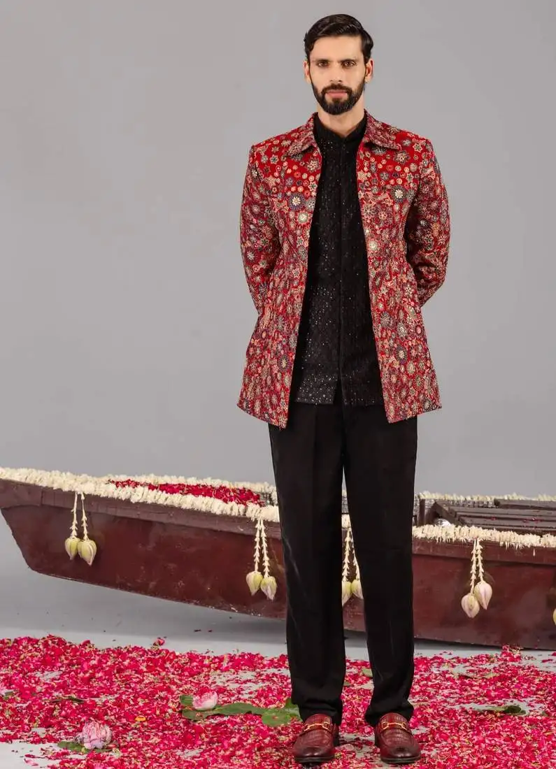 Maroon georgette embroidered jodhpuri set for mens