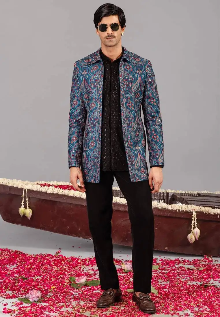 Blue georgette embroidered jodhpuri set for mens