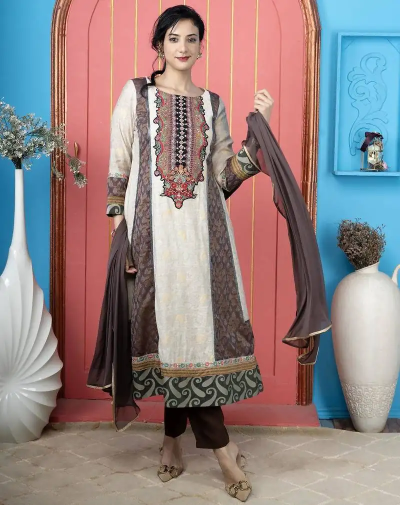 Beige embroidered silk stitched anarkali trouser kurta dupatta readymade suits