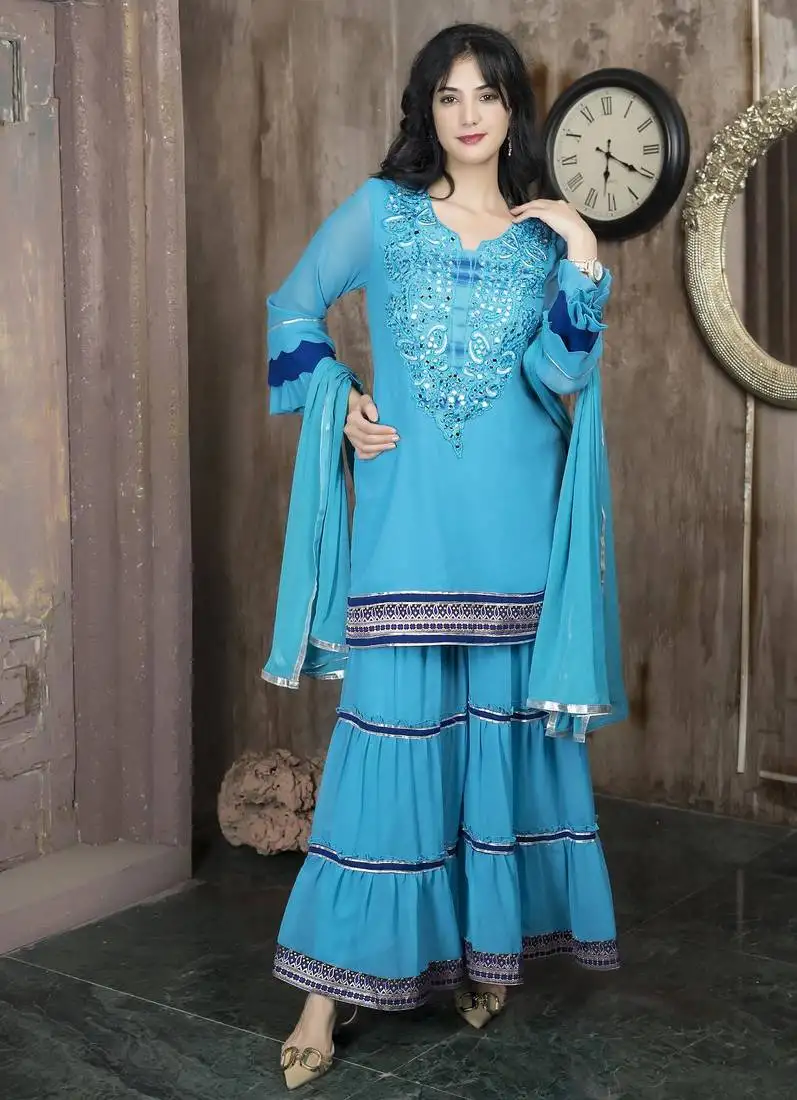 Blue embroidered georgette stitched straight cut trouser kurta dupatta readymade suits