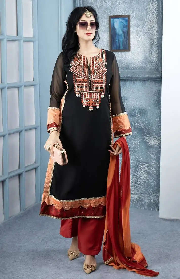 Black embroidered georgette stitched straight cut trouser kurta dupatta readymade suits