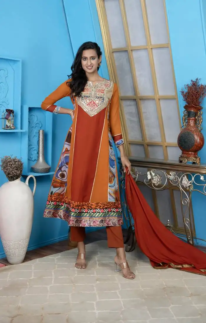 Brown embroidered georgette stitched anarkali trouser kurta dupatta readymade suits