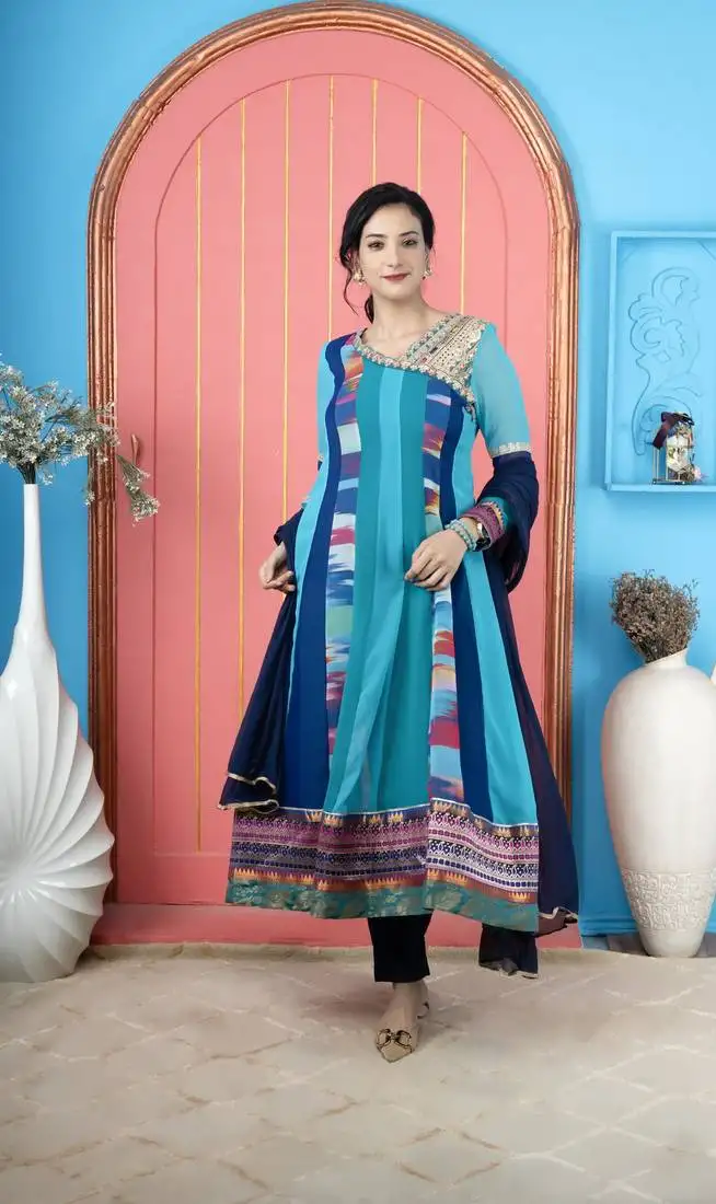 Blue embroidered georgette stitched asymmetrical trouser kurta dupatta readymade suits