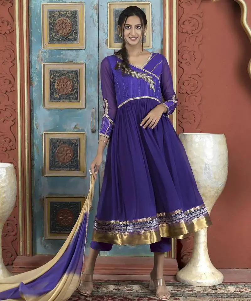 Purple embroidered georgette stitched a line trouser kurta dupatta readymade suits