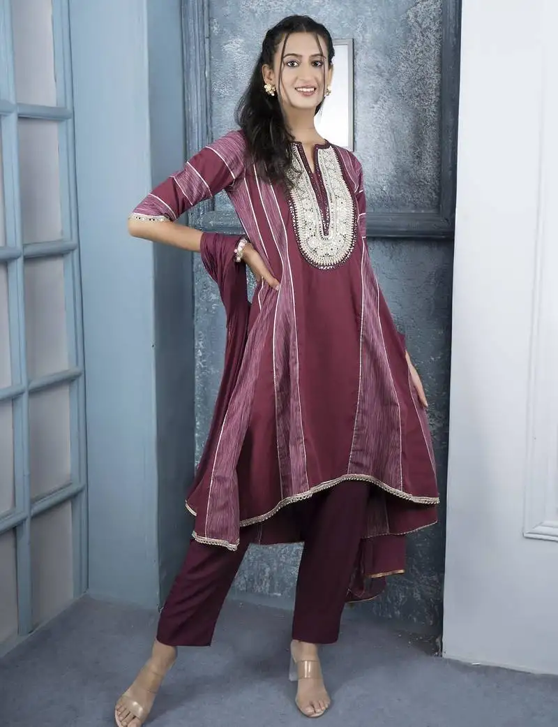 Maroon embroidered silk stitched a line trouser kurta dupatta readymade suits