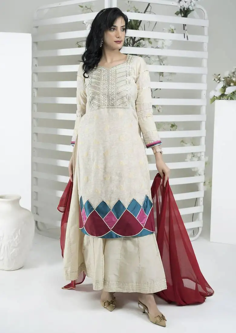 Beige embroidered silk stitched straight cut trouser kurta dupatta readymade suits