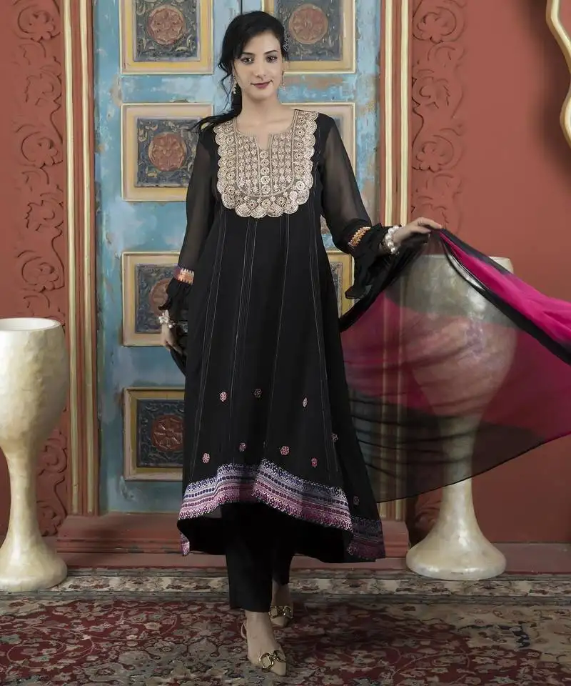 Black embroidered georgette stitched asymmetrical trouser kurta dupatta readymade suits