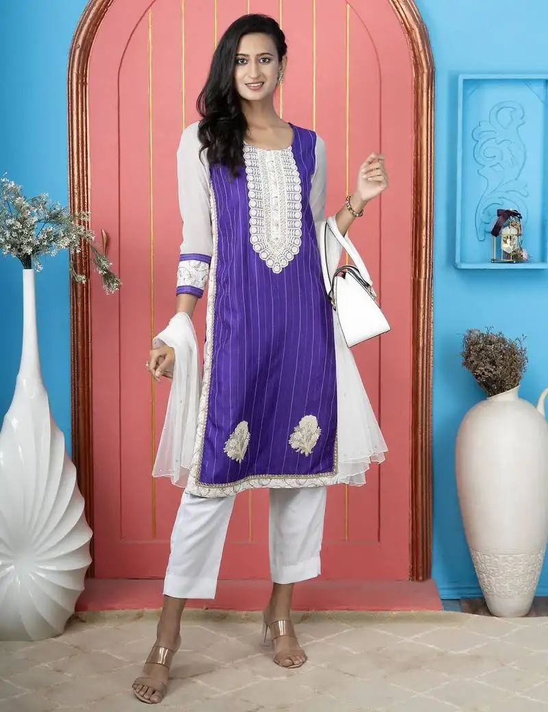 Purple embroidered silk stitched straight cut trouser kurta dupatta readymade suits